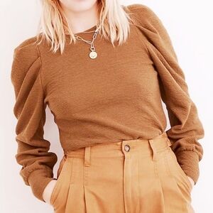 Madewell Pleated Statement Puff Sleeves Cotton Dusty Orange Rust Top Siz…